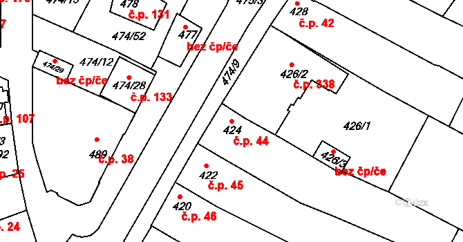 Milokošť 44, Veselí nad Moravou na parcele st. 424 v KÚ Milokošť, Katastrální mapa