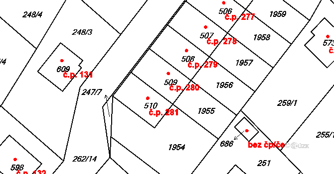 Chvalšiny 280 na parcele st. 509 v KÚ Chvalšiny, Katastrální mapa