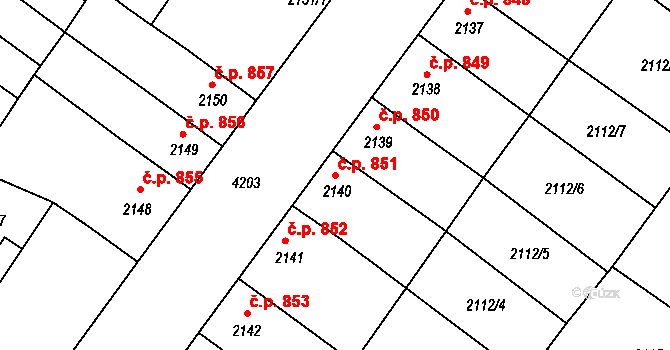 Roudnice nad Labem 851 na parcele st. 2140 v KÚ Roudnice nad Labem, Katastrální mapa