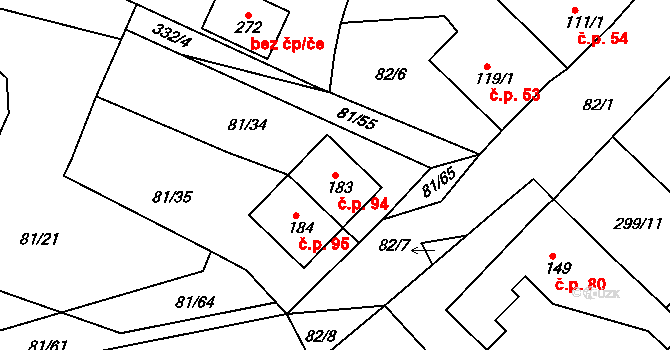 Srbice 94 na parcele st. 183 v KÚ Srbice, Katastrální mapa