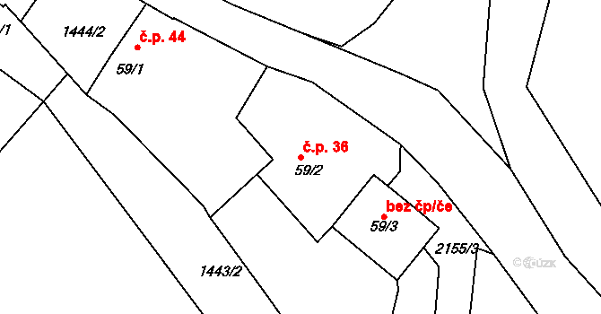 Chotěbudice 36 na parcele st. 59/2 v KÚ Chotěbudice, Katastrální mapa