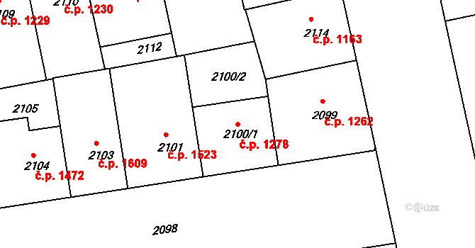 Žižkov 1278, Praha na parcele st. 2100/1 v KÚ Žižkov, Katastrální mapa