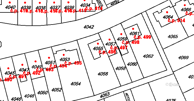 Záběhlice 496, Praha na parcele st. 4055 v KÚ Záběhlice, Katastrální mapa