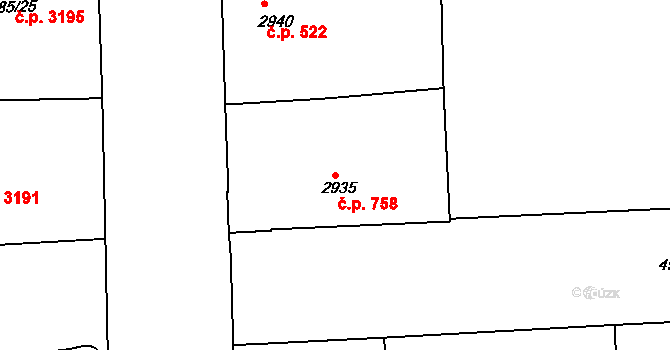 Smíchov 758, Praha na parcele st. 2935 v KÚ Smíchov, Katastrální mapa