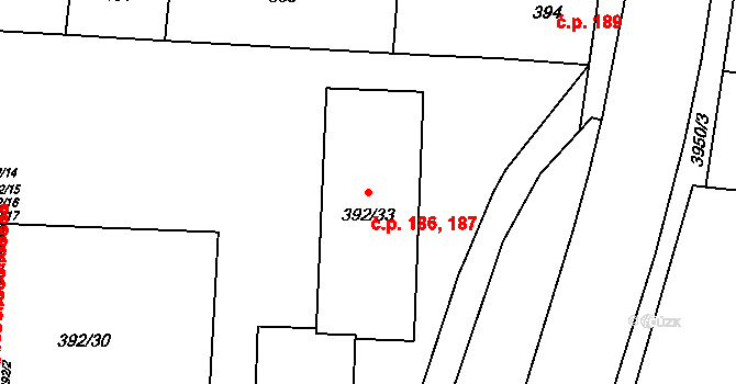 České Budějovice 7 186,187, České Budějovice na parcele st. 392/33 v KÚ České Budějovice 7, Katastrální mapa