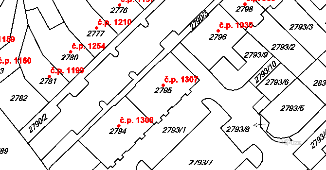 Chomutov 1307 na parcele st. 2795 v KÚ Chomutov I, Katastrální mapa