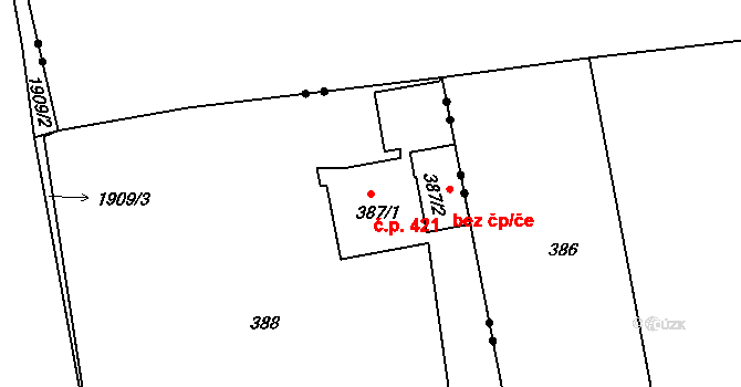 Černice 421, Plzeň na parcele st. 387/1 v KÚ Černice, Katastrální mapa