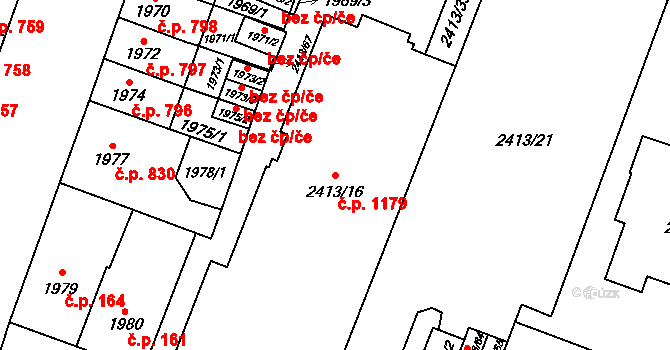 Doubravka 1179, Plzeň na parcele st. 2413/16 v KÚ Doubravka, Katastrální mapa