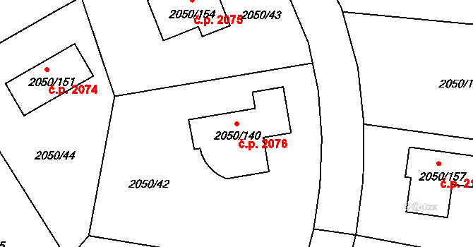 Pelhřimov 2076 na parcele st. 2050/140 v KÚ Pelhřimov, Katastrální mapa