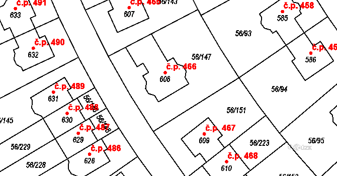 Hovorčovice 466 na parcele st. 608 v KÚ Hovorčovice, Katastrální mapa