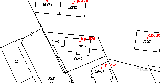 Dobšice 524 na parcele st. 350/96 v KÚ Dobšice u Znojma, Katastrální mapa