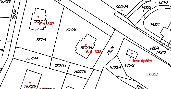 Srubec 338 na parcele st. 757/34 v KÚ Srubec, Katastrální mapa