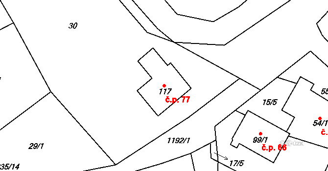 Mlýny 77 na parcele st. 117 v KÚ Mlýny u Choustníku, Katastrální mapa