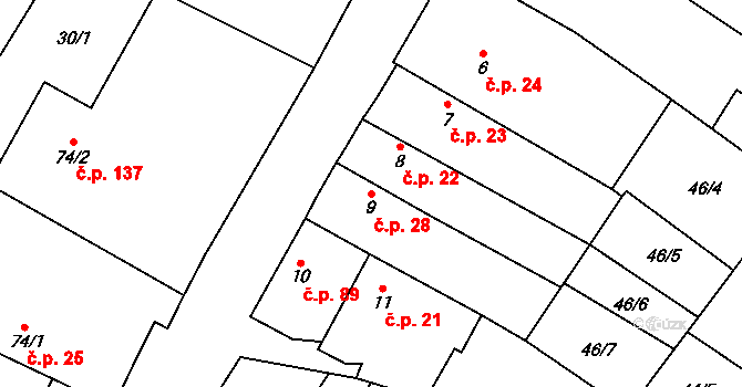 Chroustovice 28 na parcele st. 9 v KÚ Chroustovice, Katastrální mapa