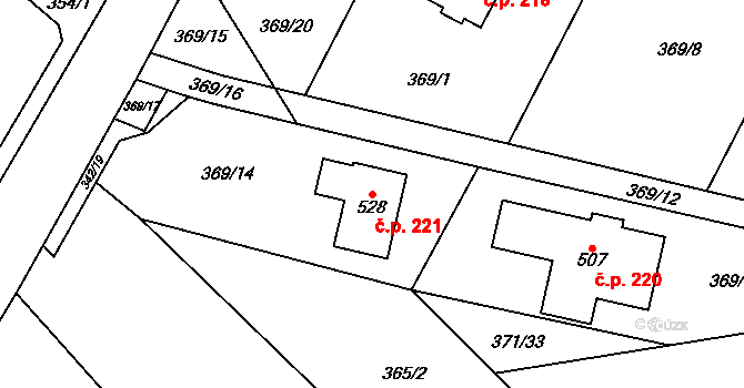 Hvozdnice 221 na parcele st. 528 v KÚ Hvozdnice, Katastrální mapa