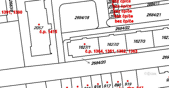 Choceň 1361,1362,1363,1364 na parcele st. 1627/1 v KÚ Choceň, Katastrální mapa