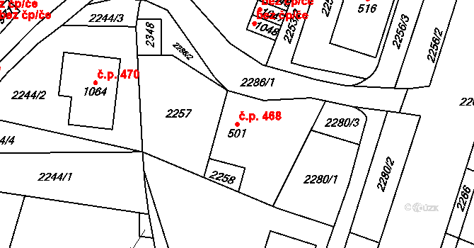 Hanušovice 468 na parcele st. 501 v KÚ Hanušovice, Katastrální mapa