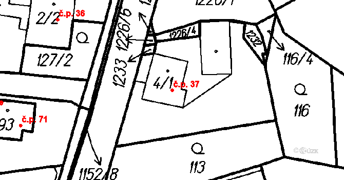 Vrhaveč 37 na parcele st. 4/1 v KÚ Vrhaveč u Klatov, Katastrální mapa