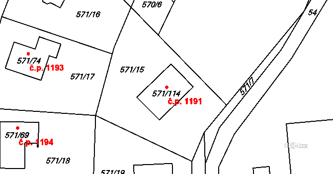 Mníšek pod Brdy 1191 na parcele st. 571/114 v KÚ Rymaně, Katastrální mapa