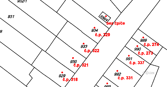 Trmice 322 na parcele st. 933 v KÚ Trmice, Katastrální mapa