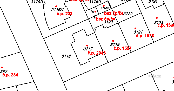 Černá Pole 2046, Brno na parcele st. 3117 v KÚ Černá Pole, Katastrální mapa