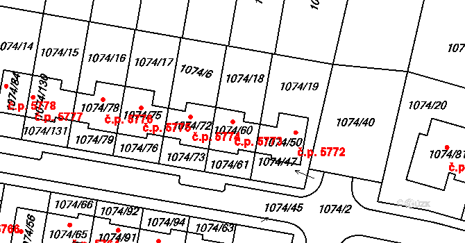 Jihlava 5773 na parcele st. 1074/60 v KÚ Jihlava, Katastrální mapa