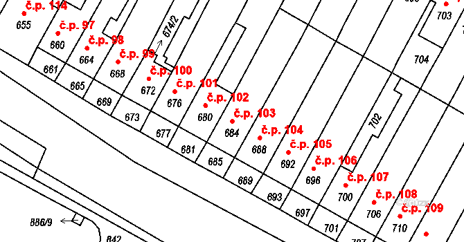 Rychlov 103, Bystřice pod Hostýnem na parcele st. 684 v KÚ Rychlov u Bystřice pod Hostýnem, Katastrální mapa