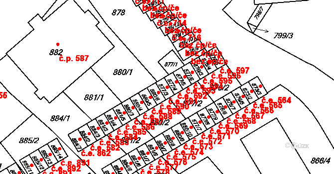 Vyškov-Předměstí 591, Vyškov na parcele st. 877/3 v KÚ Vyškov, Katastrální mapa