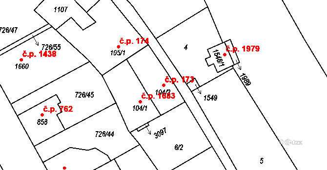 Brandýs nad Labem 173, Brandýs nad Labem-Stará Boleslav na parcele st. 104/2 v KÚ Brandýs nad Labem, Katastrální mapa