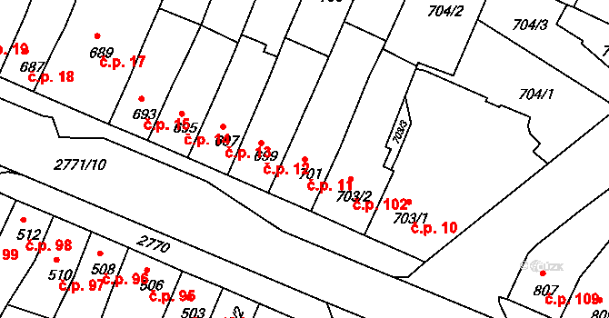 Dačice IV 11, Dačice na parcele st. 701 v KÚ Dačice, Katastrální mapa