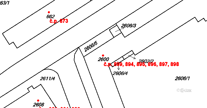 Hulín 894,895,896,897,898, na parcele st. 2600 v KÚ Hulín, Katastrální mapa