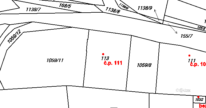 Hluboš 111 na parcele st. 113 v KÚ Hluboš, Katastrální mapa