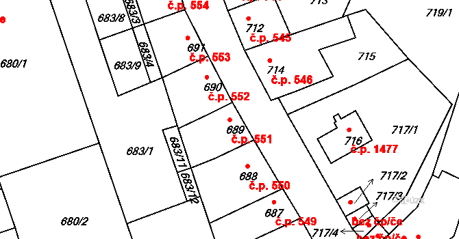 Roudnice nad Labem 551 na parcele st. 689 v KÚ Roudnice nad Labem, Katastrální mapa