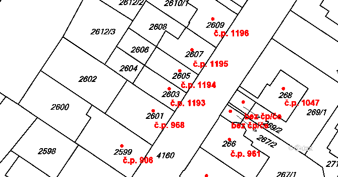 Roudnice nad Labem 1193 na parcele st. 2603 v KÚ Roudnice nad Labem, Katastrální mapa