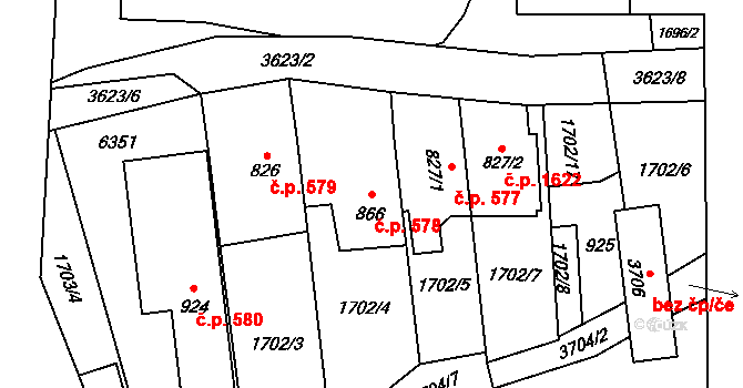 Rožnov pod Radhoštěm 578 na parcele st. 866 v KÚ Rožnov pod Radhoštěm, Katastrální mapa