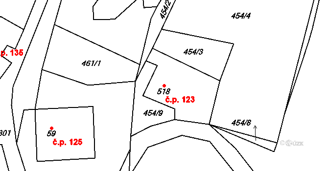 Třebařov 123 na parcele st. 518 v KÚ Třebařov, Katastrální mapa