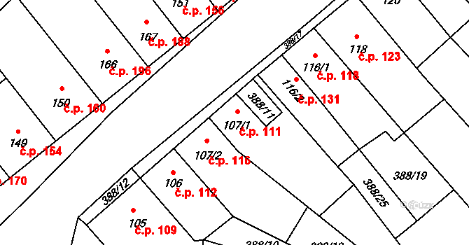 Okříšky 111 na parcele st. 107/1 v KÚ Okříšky, Katastrální mapa