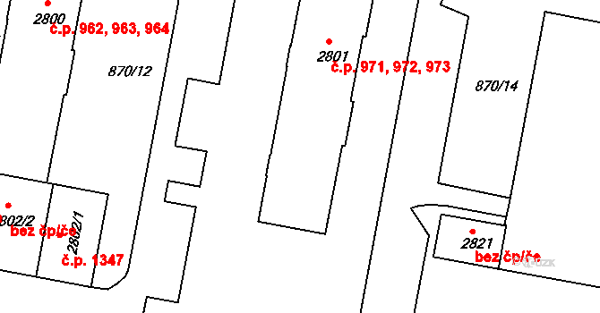Horka-Domky 971,972,973, Třebíč na parcele st. 2801 v KÚ Třebíč, Katastrální mapa