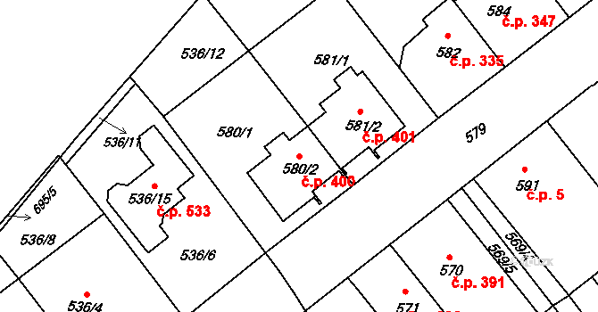 Jarošov 400, Uherské Hradiště na parcele st. 580/2 v KÚ Jarošov u Uherského Hradiště, Katastrální mapa