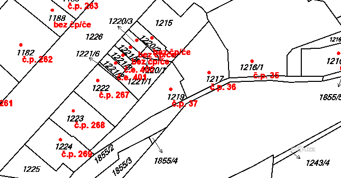 Postoloprty 37 na parcele st. 1219 v KÚ Postoloprty, Katastrální mapa
