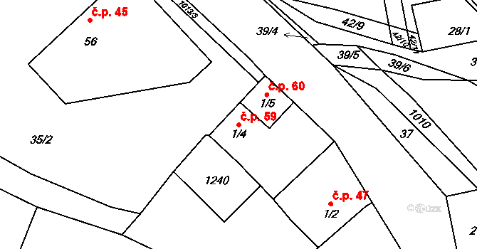 Těšenov 59, Horní Cerekev na parcele st. 1/4 v KÚ Těšenov, Katastrální mapa