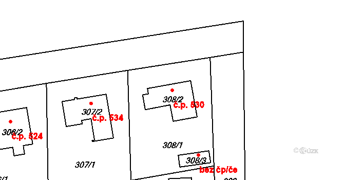 Běchovice 530, Praha na parcele st. 308/2 v KÚ Běchovice, Katastrální mapa