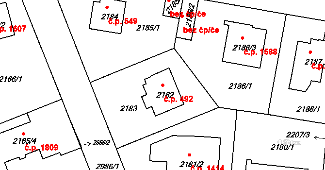 Braník 492, Praha na parcele st. 2182 v KÚ Braník, Katastrální mapa
