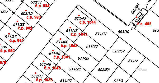 Mutěnice 1043 na parcele st. 511/43 v KÚ Mutěnice, Katastrální mapa