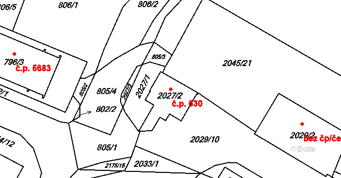 Chomutov 630 na parcele st. 2027/2 v KÚ Chomutov I, Katastrální mapa