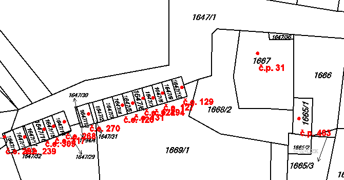 Střelice 128 na parcele st. 1647/9 v KÚ Střelice u Brna, Katastrální mapa
