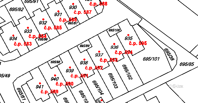 Kryry 593 na parcele st. 937 v KÚ Kryry, Katastrální mapa
