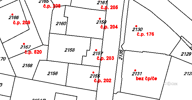 Jemnice 203 na parcele st. 2157 v KÚ Jemnice, Katastrální mapa