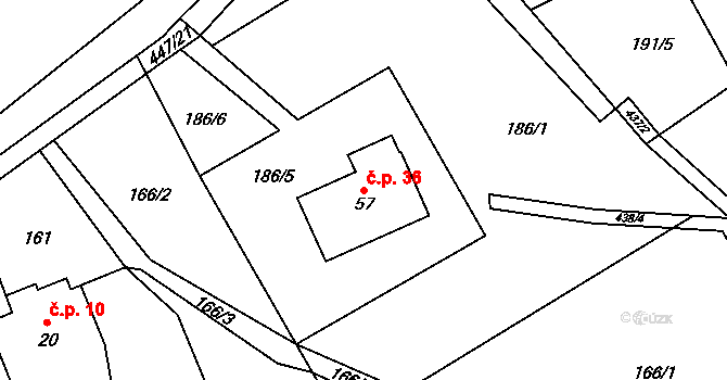 Roženecké Paseky 36, Věcov na parcele st. 57 v KÚ Roženecké Paseky, Katastrální mapa