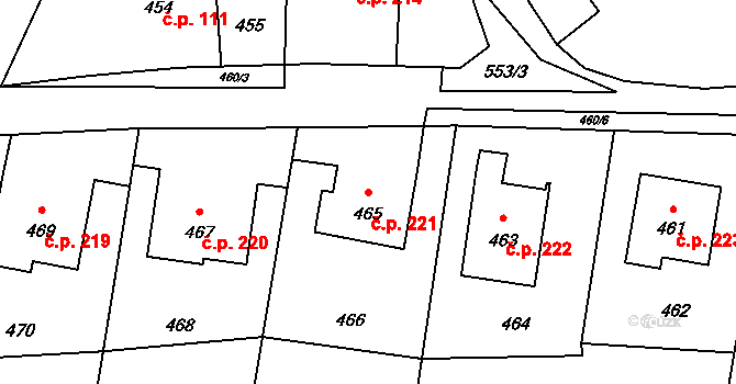 Těškovice 221 na parcele st. 465 v KÚ Těškovice, Katastrální mapa